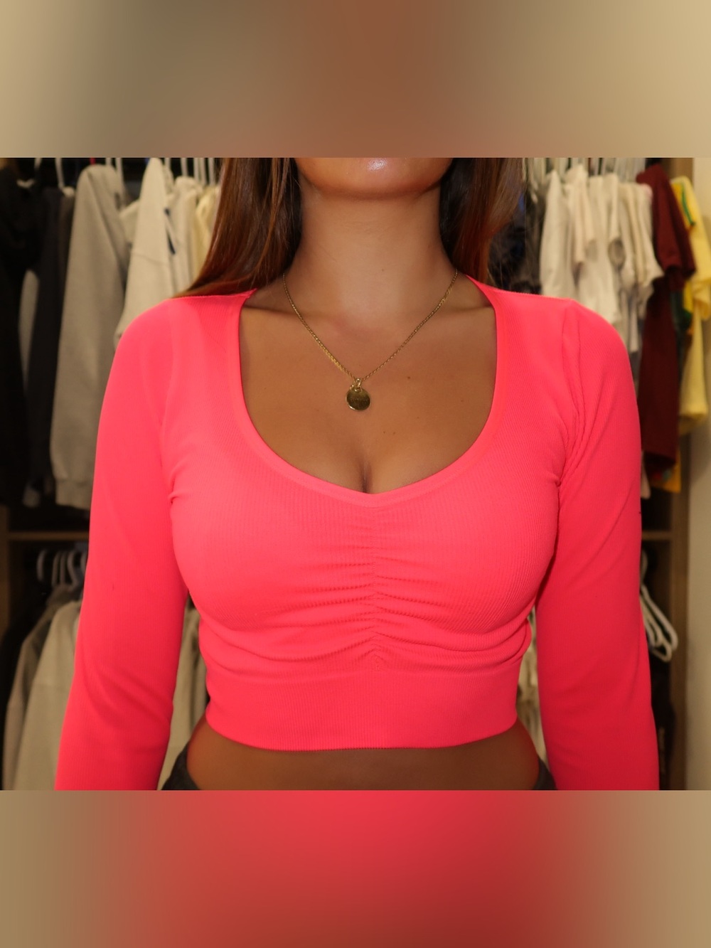 Wild Fable Neon Coral Ribbed Long Sleeve Crop Top